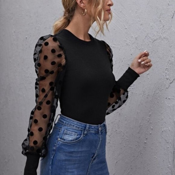Sheer long sleeve polka dot blouse - BLACK - Picture 2 of 5